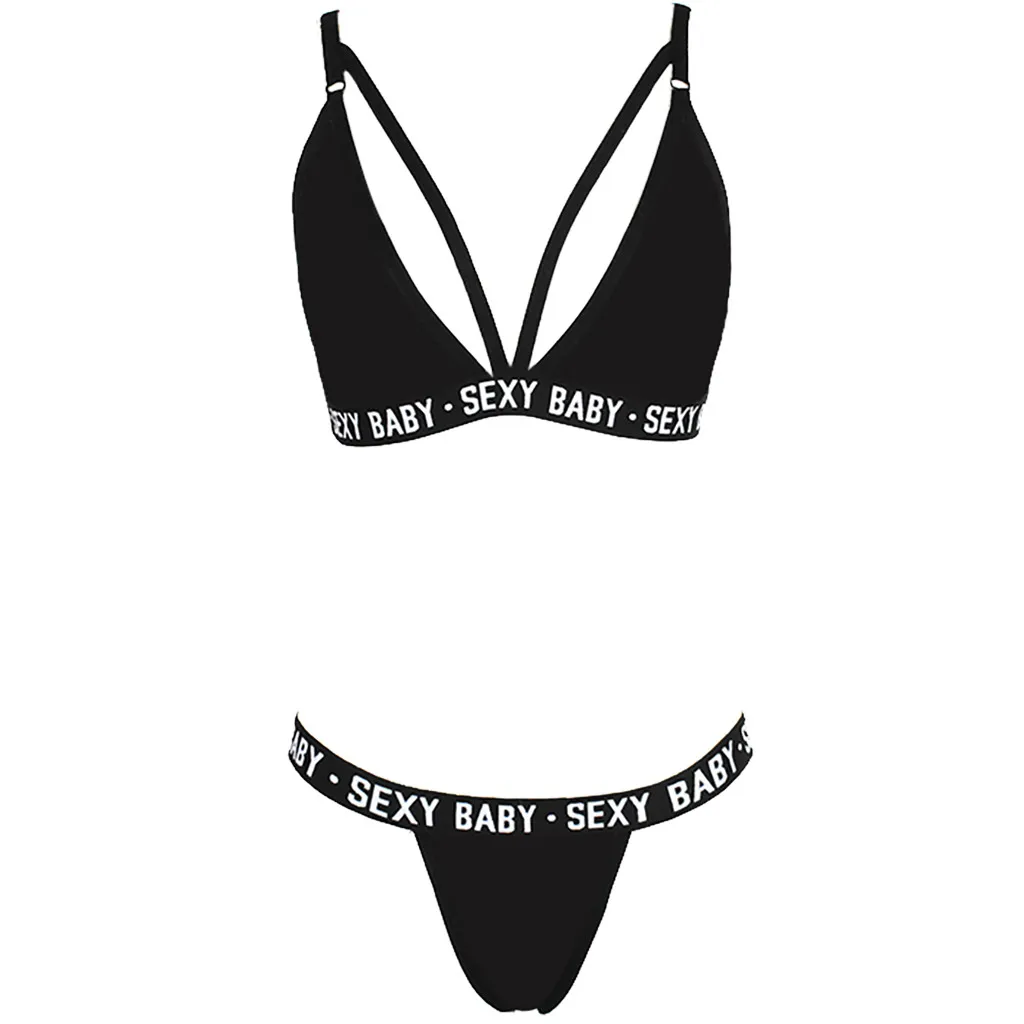 Lingerie Micro Bikini Sex Shop Open Bra Lenceria Fashion Women Letter Solid Patchwork Sexy Lingerie Underwear G-String Set c0523