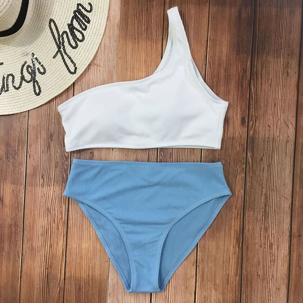 2019 Sexy High Waist Single Pit Cloth Solid Prtchwork Open Back Swimsuit Bikini Set Swimwear Women Bathing Suit Maillot | Женская одежда