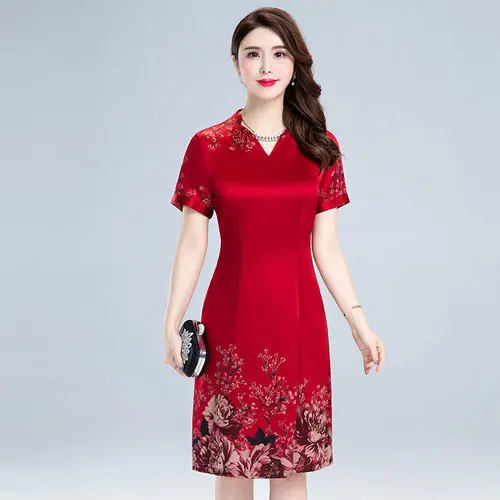 

2019 Spring Summer Fashion Short Sleeve Silk Women Dress New Style Exquisite Printed High End Elegant Temperament Female Dresses