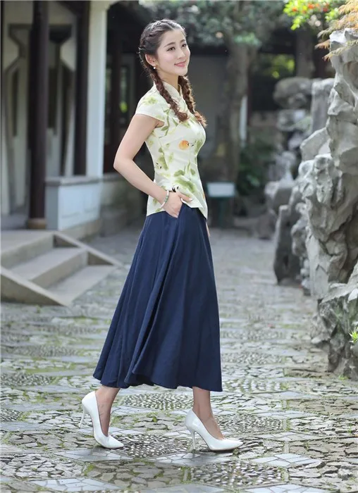 Винтаж элегантный зеленый хлопок белье юбка китайский Для женщин длинные плиссированные юбки новые летние расклешенные юбки Размеры