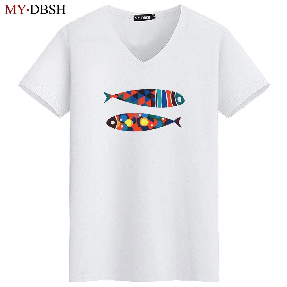 

Summer Men Short Sleeve V-neck Cotton T Shirt Novelty Creative Colorful Fish Print T-shirts Fashion Hip Hop Streetwear Tops Tees