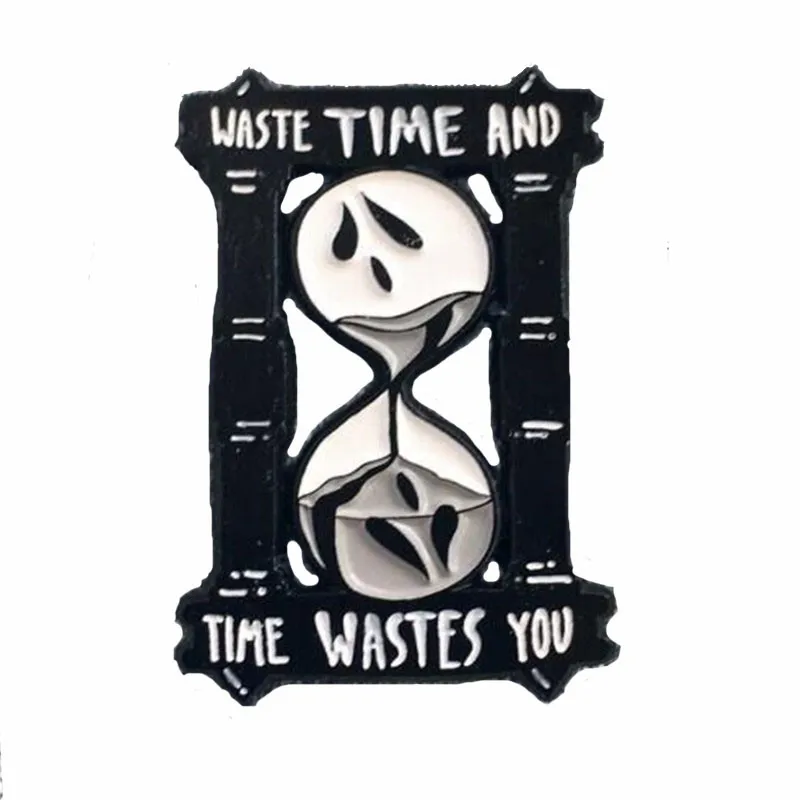 

Black and White Hourglass Metal Enamel Brooch Time Time And Time Wastes You Time Hour Badge Pin Unique Trendy Jewelry Gift