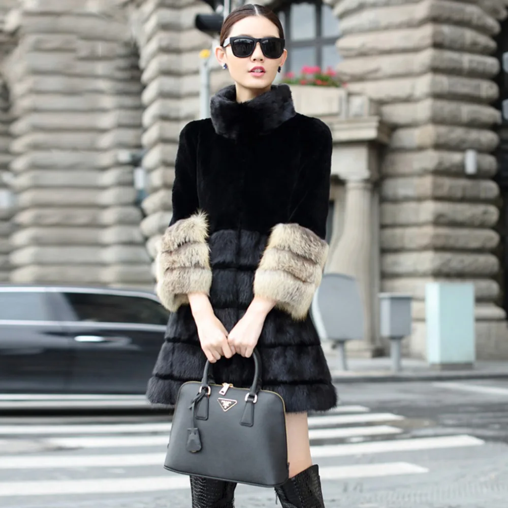 

Fur Story 161114 New Design 2016 Women's Natural Rex Rabbit Fur Coat with Mink Fur Hem and Fox Fur Cuff Real Fur Outerwear