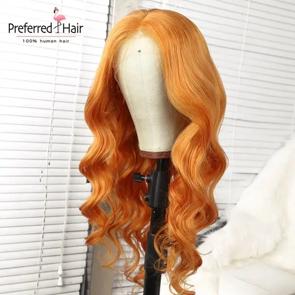 Предпочтительный оранжевый свободный волнистый парик remy волос бразильский парик Желтый цвет Предварительно сорвал кружева спереди человеческие волосы парики для черных женщин - Цвет: orange color