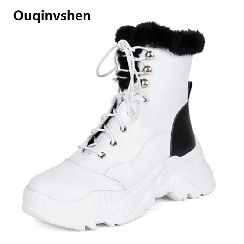 

Ouqinvshen Rivet Zipper Round Toe Fur Boots Fashion Casual White Genuine Leather Lace Up Boots Winter Casual Ankle Boots Women
