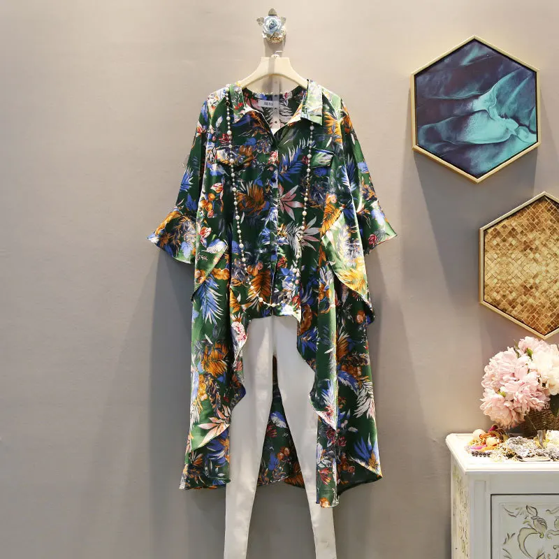 

[EWQ] 2019 Spring Summer New Pattern Laple Short Sleeve Print Patchwork Single Breasted Vintage Loog Shirt Women AG34216