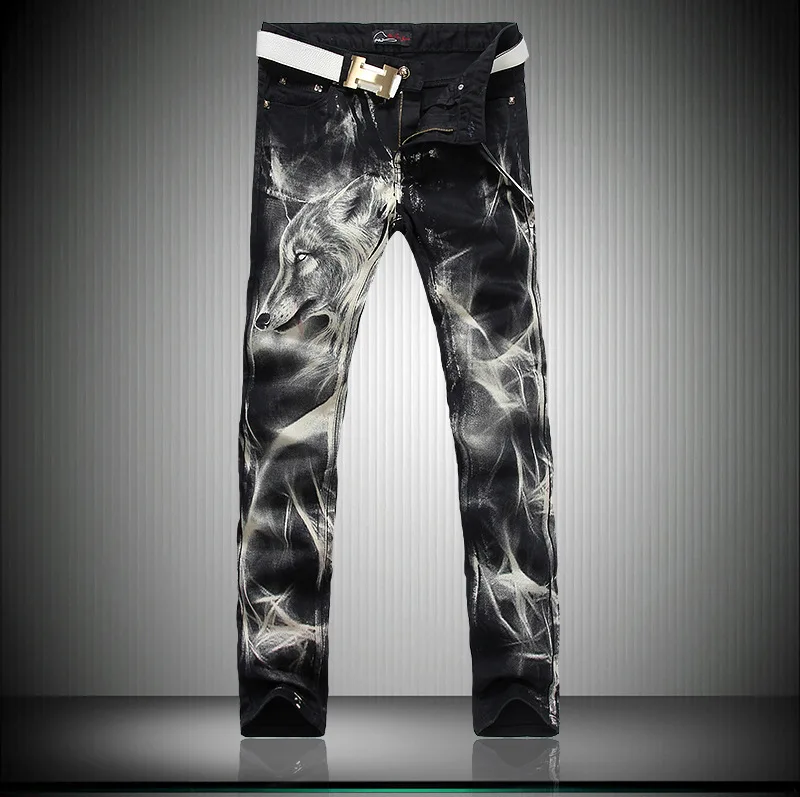 NWT, известный бренд, обтягивающие джинсы для мужчин,, с принтом волка, 3d Рисунок, хип-хоп джинсы, мужские джинсы, байкерские, облегающие, шаровары, мужские джинсы, P39