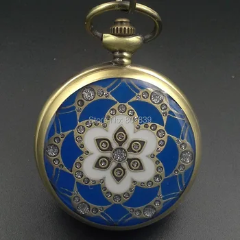 

Vintage Style Bronze Tone Blue Follower Mechanical FOB Pocket Watch Man Military Pendant Watch Chain Steampunk Machinery H262