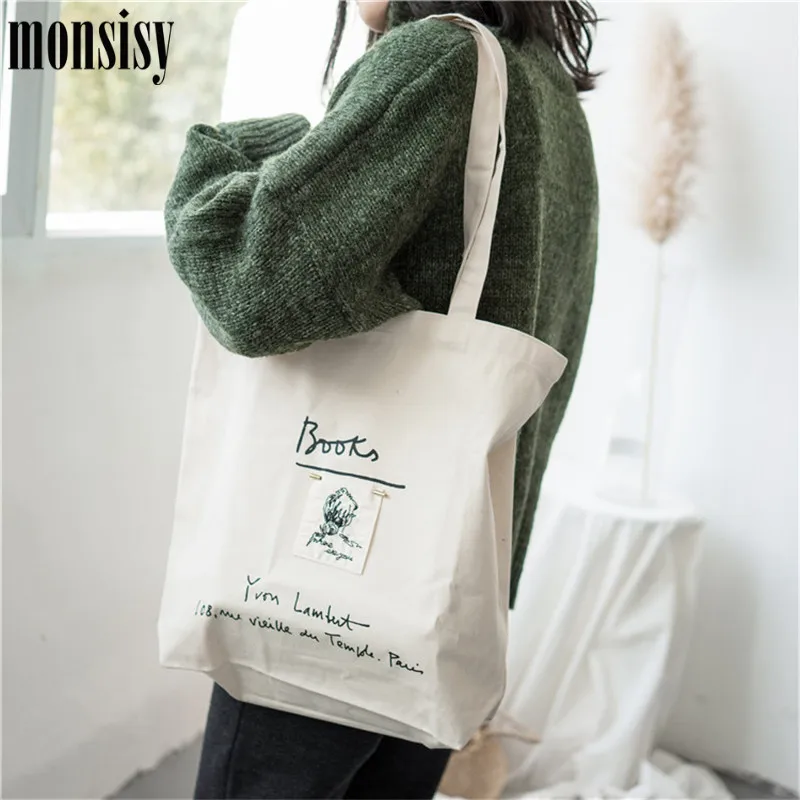 

Monsisy New Women Shopping Bag Canvas Tote Grocery Bag Fashion Print Letter Big Capacity Ladies Girl Portable Beach Shoulder Bag