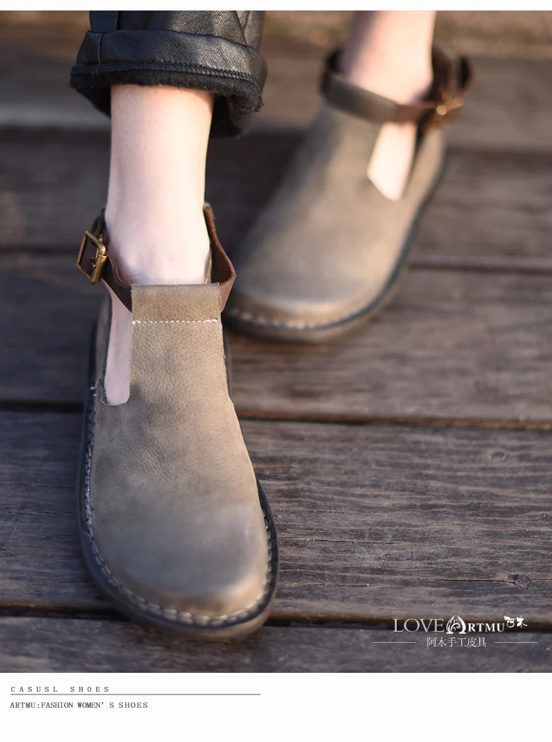 Artmu/Модная женская обувь с круглым носком; обувь из натуральной кожи; женские туфли на плоской подошве ручной работы Mary Jane; женская обувь с пряжкой и ремешком на щиколотке