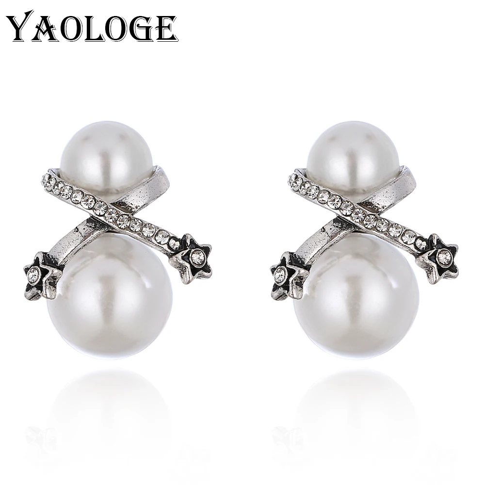 YAOLOGE Exquisite Imitation Pearls Earrings Cross Metal Inlaid Rhinestone Statement Wedding Jewellry For Women boucle d'oreille |