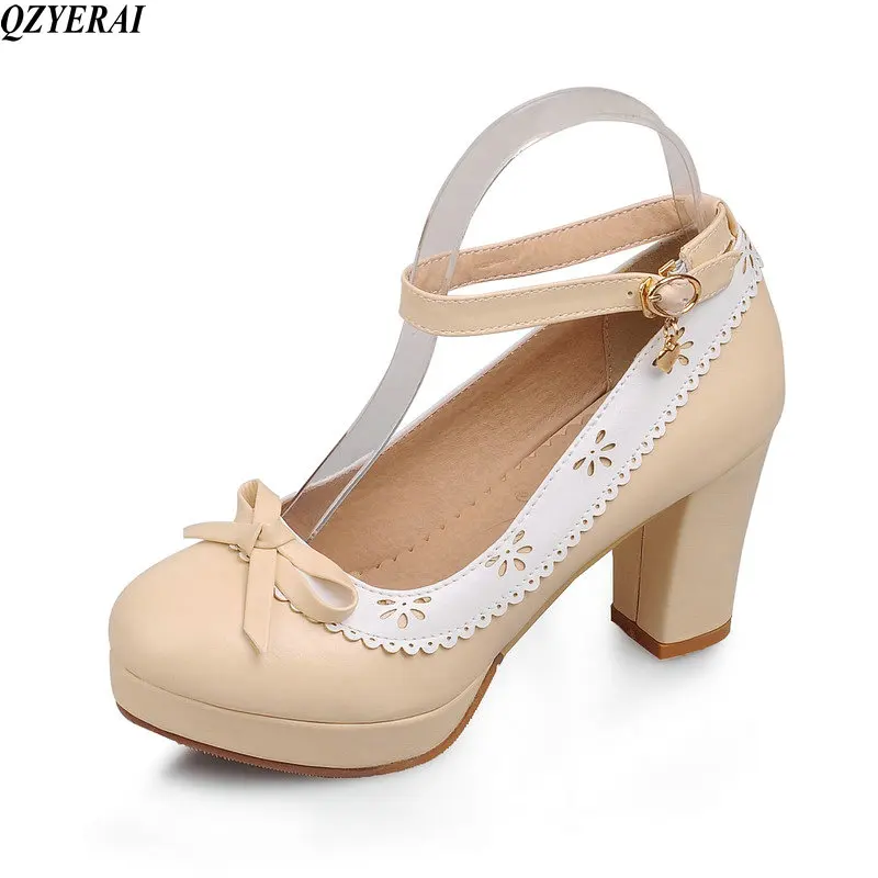 

QZYERAI 2018 spring sexy high heel thick heel buckle bow tie lace single shoe women's shoes black size 34-43