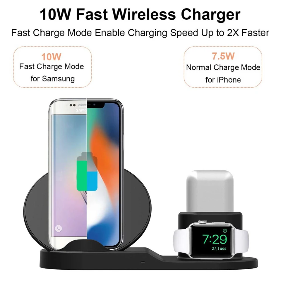 10W 3 in 1 Qi Wireless Charger Fast Multi Phone Charger Quick Mobile Charger For iPhone XR XS for Apple Watch 2 3 4 For AirPods (50)