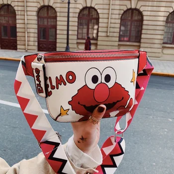 

Funny small bag female 2019ins cartoon print chest bag hip hop girl wide shoulder strap waist bag tide