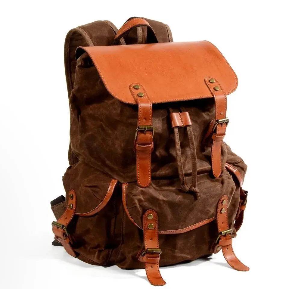 Роскошный холщовый рюкзак с масляным воском, мужские кожаные рюкзаки для путешествий, большая емкость, винтажная школьная сумка на плечо, Мужская водонепроницаемая сумка - Цвет: brown