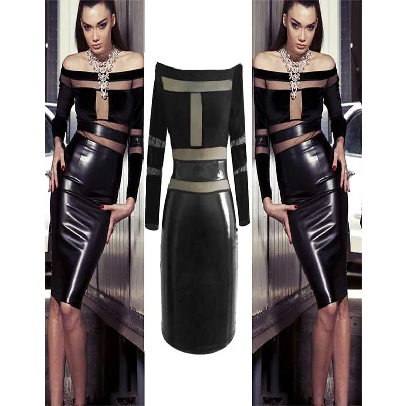 Vinyl Leather Dress Sexy See-Through Gauze Spliced Slim Fit Night Club Party Dresses Women Evening Off Shoulder Midi Dresses W373515
