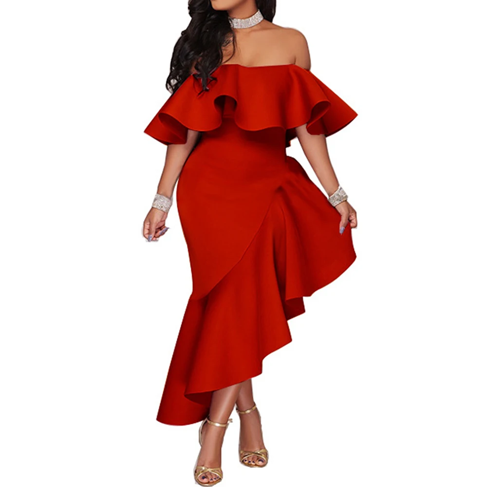 Plus size long red dress with shoulder ruffles women