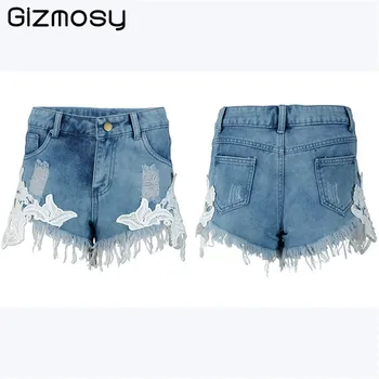 

Korean Fashion Cotton Jean Mini Shorts Women Summer 2019 Ladies Sexy Lace Stitching Wild Denim Shorts High Waist SY5085