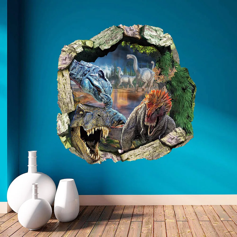 3D Broken Wall Decor Jurassic World Wall Stickers for Kids Rooms Home