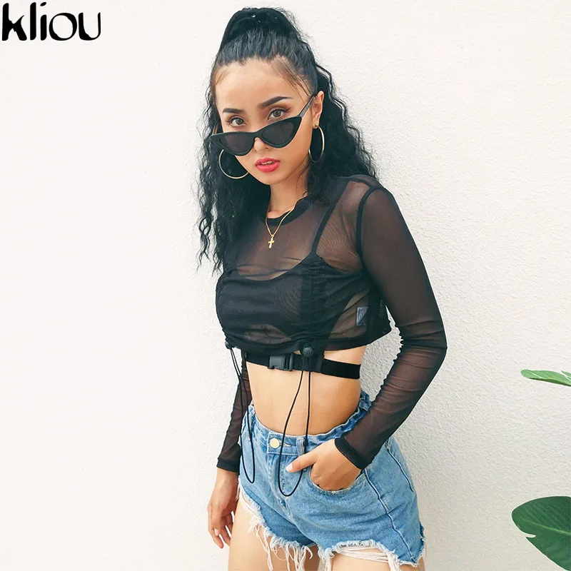 Kliou 2018 جديد الإناث مثير انظر من خلال كم كامل زر المحاصيل تي شيرت قصيرة س الرقبة الصلبة الأسود الزنانير زر المرأة المحملة قمم