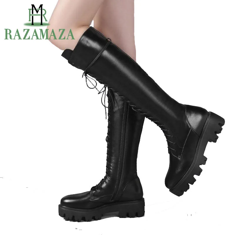 

ZALAVOR Women Genuine Leather Flats Boots Lace Up Warm Fur Shoes Winter Punk Knee High Boots Fashion Women Footwear Size 34-39