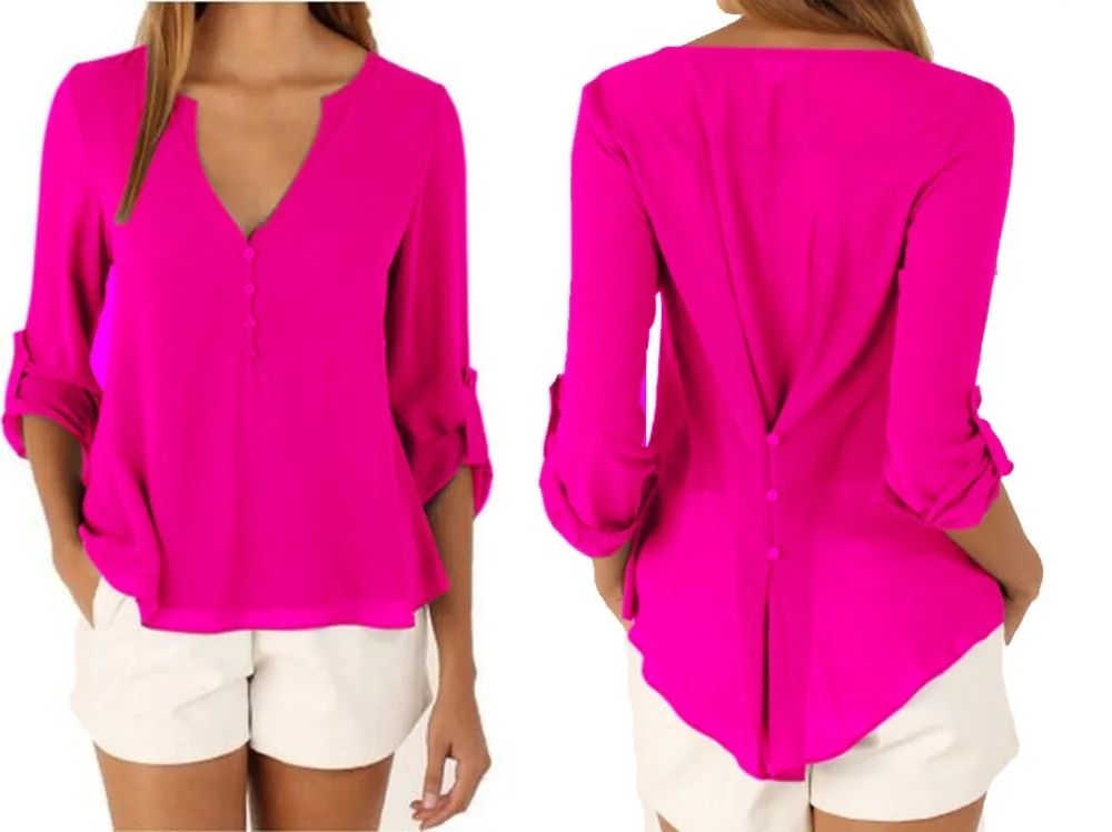Feminina com Decote em v Camisa para Mulheres Blusa Profundo Botões Manga Comprida Chiffon Cor Sólida Preta Casual Blusas S-5xl 14 High Quality Moda Feminina
