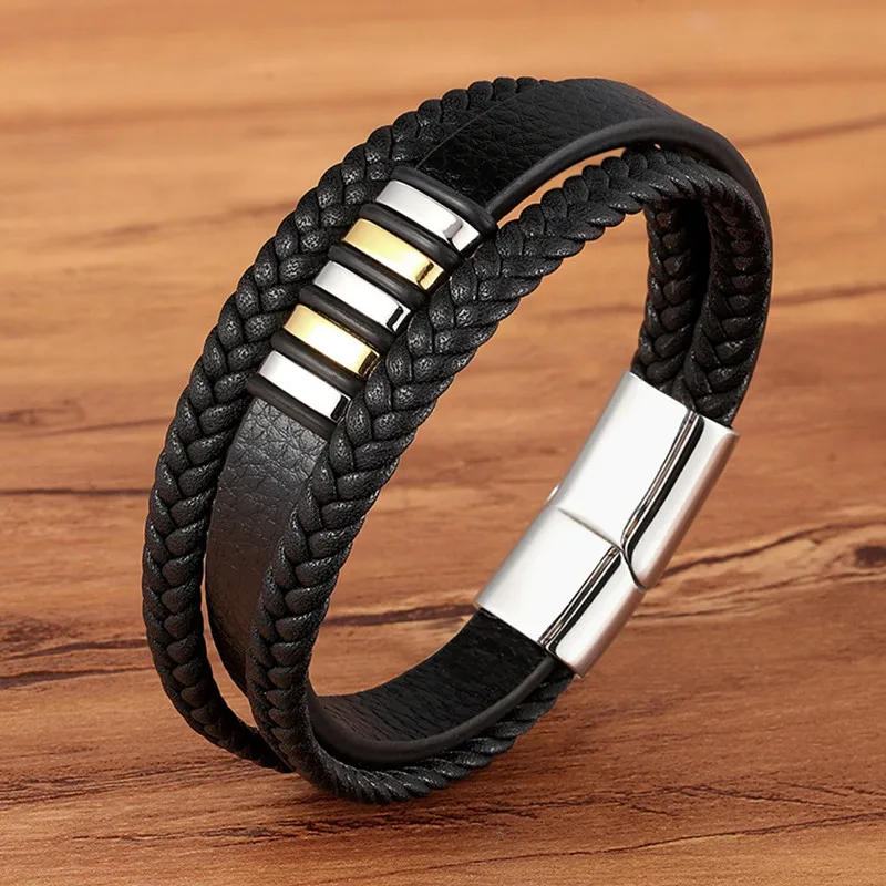 Fashion Stainless Steel Charm Magnetic Black Men Bracelet Leather Genuine Braided Punk Rock Bangles Jewelry Accessories Friend - Окраска металла: BXXG1334