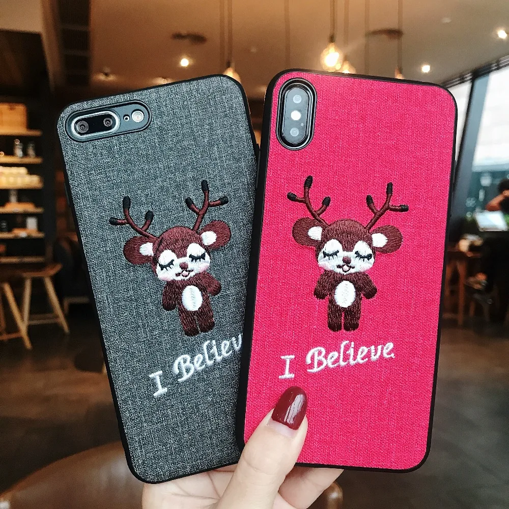 

For iPhone X XR XS Max Cases Embroidered Cute Pig Fawn Cover Phone Case For iPhone 6 6S 7 8 Plus Soft Cases Capa Coque Shell Bag