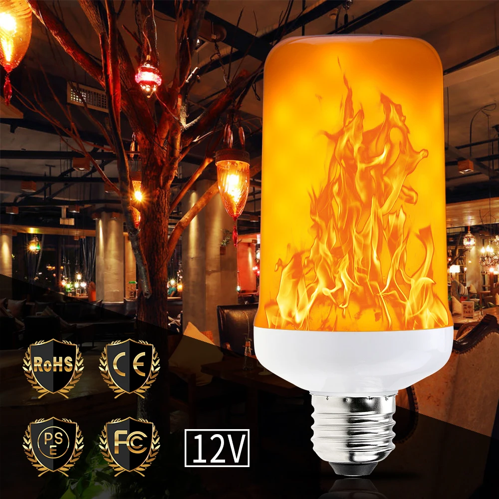 

LED E27 Flame Effect Lamp 12V E26 Simulation Fire Burning Light Bulb E14 Flickering Emulation LED Lamp 5W Creative Lights 99LEDs