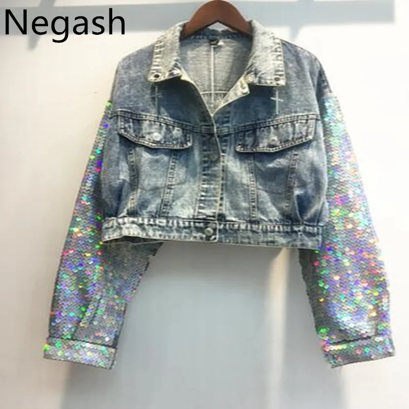 Negash/джинсовая куртка в стиле панк с блестками jaqueta короткая брендовая 2017 женское