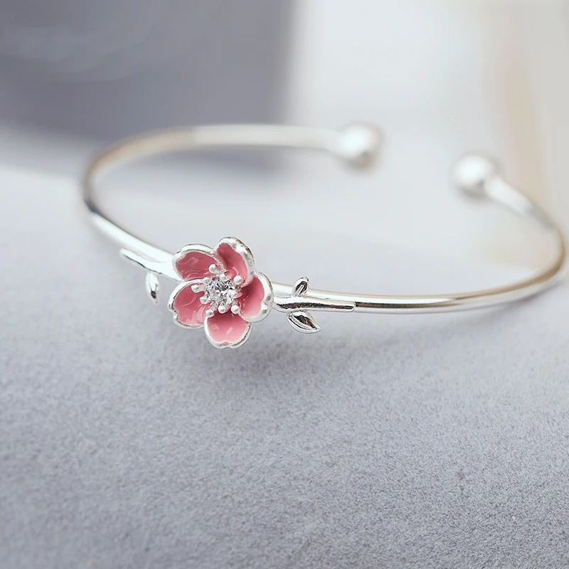 

Fashion 925 Sterling Silver Pink Flower Open Bracelets & Bangles for Women Silver 925 Jewelry maibeisi69