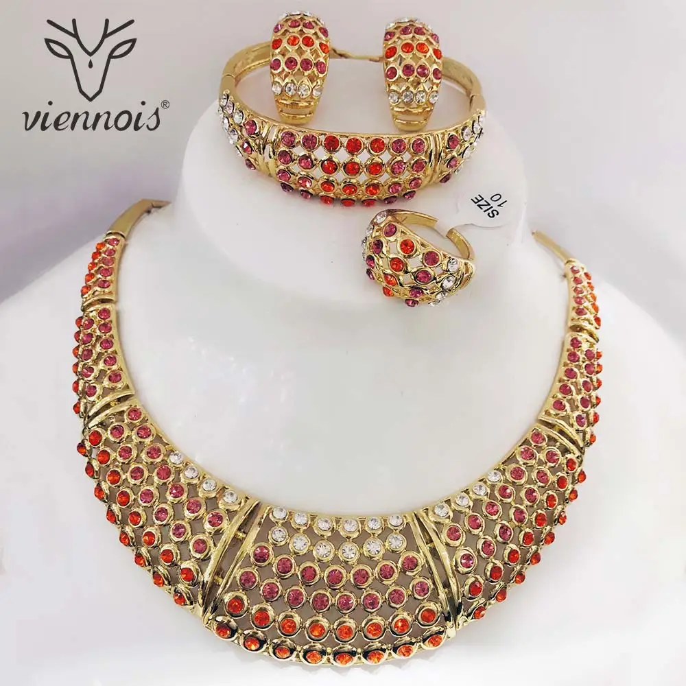 

Viennois Chunky Gold Color Stud Earrings Red Rhinestone Crystal Jewelry Set for Women African Jewelry Sets New