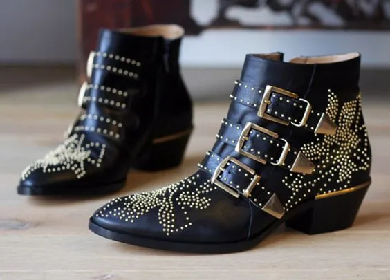 

CH.KWOK Autumn Motorcycle Boots Black Studded Susanna Shoes Women Luxury Pointed Toe Square Heel Buckled Combat Booties Shoes