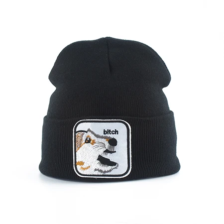 Dropshipping Womens Beanie Hat Warm Winter Knitted Hats For Men Wolf Embroidery Hip Hop Cap Slouchy Skullies Beanies 