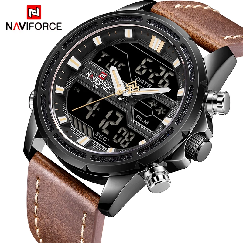 Часы NAVIFORCE мужские спортивные кварцевые аналоговые светодиодные кожаные военные