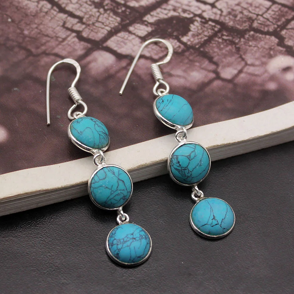 

Fashion Jewelry Natural Green Turquoise925 Sterling Silver Women Ladies Dangle Earrings 2 1/4 Inch H37