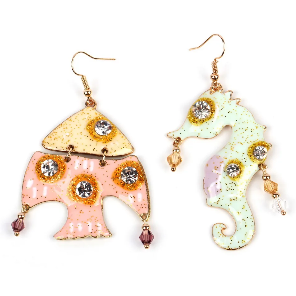 

Florosy Big Cute Long Glass Crystal Bead Statement Dangle Earrings for Women Enamel Fish Sea Horse Pendant Drop Earrings Jewelry