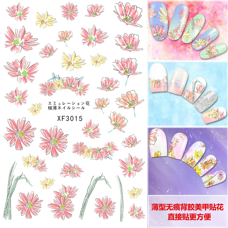 

2017 new 3D nail stickers chrysanthemum back glue watercolor definition flower nail stickers nail 15
