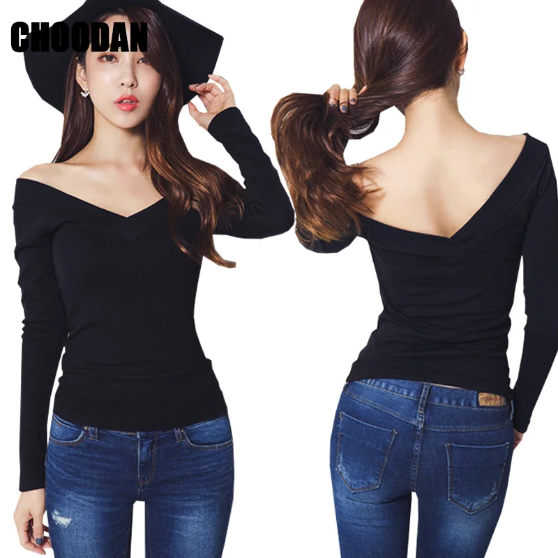 

T-shirt Women Sexy V-neck Off Shoulder Long Sleeve Tops Tees Spring Autumn 2018 Korean Fashion Ladies Tops Fitness Shirts Female