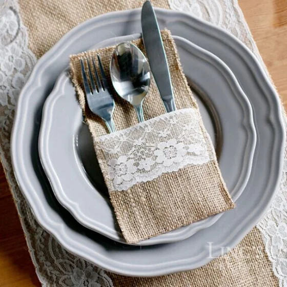 

1pcs Hessian Burlap Lace Wedding Tableware Pouch Cutlery Holder Decoration Favor rustic wedding decor vintage wedding decoration