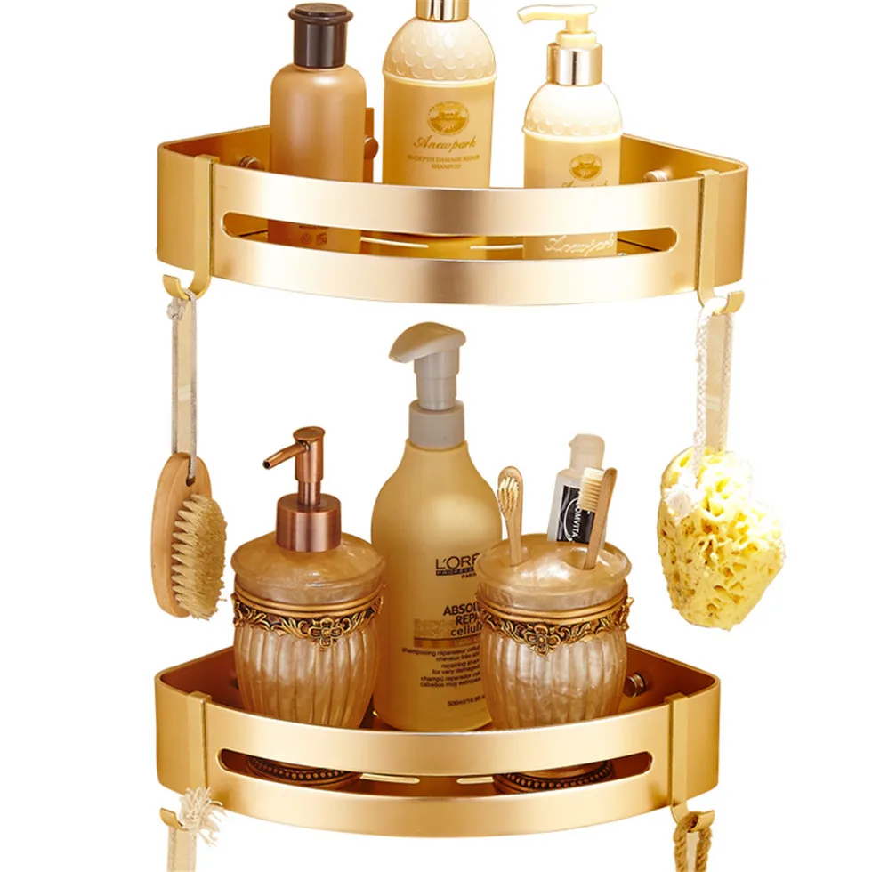 

Bathroom Corner Gold Shelf Shower Caddy with Two Hooks Self Adhesive Wall Mount with Screws Storage Shelves Triangle Baskets