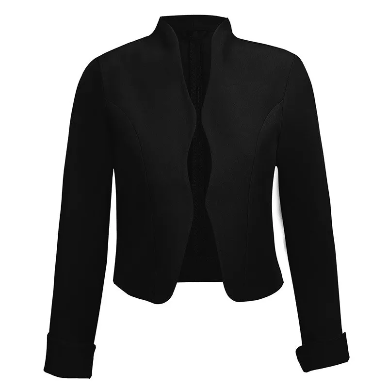2019 Autumn Winter Women Elegant Solid Stand Collar Short Coat Casual Long Sleeve Open Stitch Female Jacket