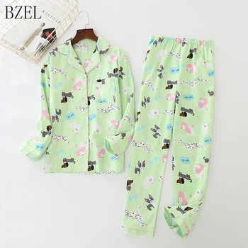 

BZEL New Pajamas Sets Women Kawaii Cartoon Pyjamas 100% Brushed Cotton Female Cute Night Suit Long Sleeve Sleepwear Big yard S-L