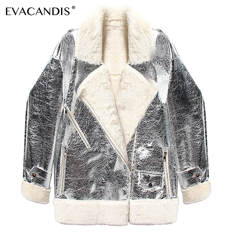 

Silver Fur Feather Thick Winter Parka Women Warm Jacket Coat Crack Pattern Snow Chic Fashion Motorcycle Jacket Overcoat