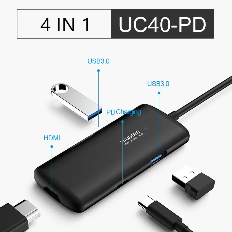 Хагбис тип-c концентратор Многофункциональный USB 3,0 концентратор USB C к HDMI/VGA/AUX/RJ45/SD/TF кард-ридер/PD зарядный адаптер для MacBook PC - Цвет: UC40-PD
