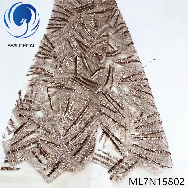 

Beautifical french lace fabrics 2019 Top sale net lace embroidery fabrics 5yards african lace sequins fabric for wedding ML7N158