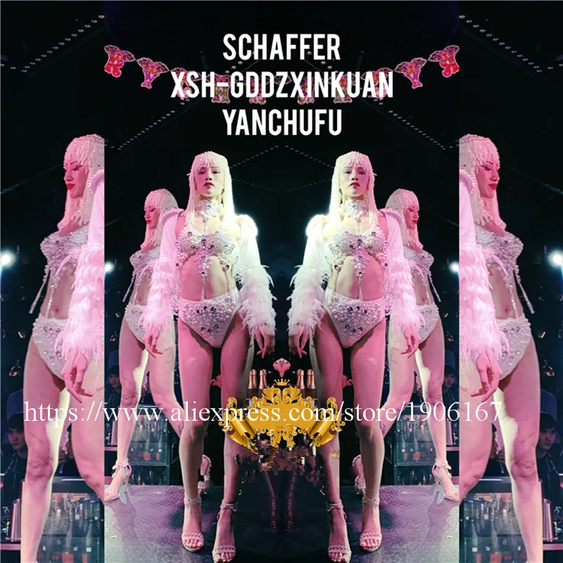 

Sexy Lady Stage Party Dress Pearl Headdress Singer Dancer Stage Performance Clothes Wears Bar Nightclub Catwalk Show Bikini Suit