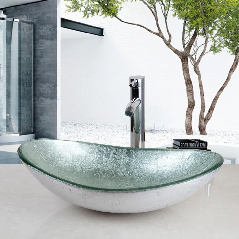 Billig KEMAIDI UNS Wasserfall Auslauf Becken Schwarzen Hahn + Waschbecken Waschbecken Gehärtetem Glas Hand Bemalt Bad Messing Set Wasserhahn mischbatterien