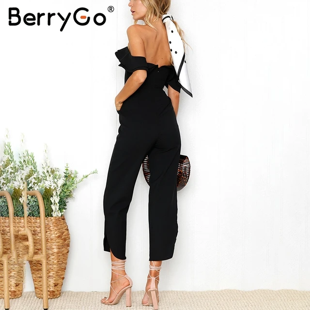 BerryGo Sexy backless off shoulder black jumpsuit women Tiered ruffle high waist jumpsuit romper Split casual overall femme 1