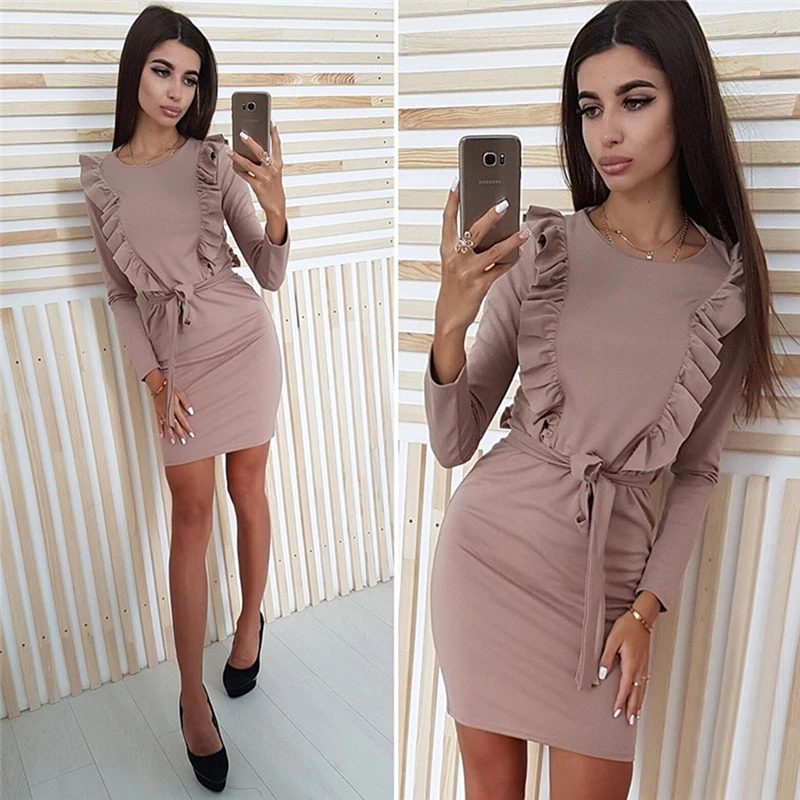 

2019 Spring Round Neck Female Dress Long Sleeve Chest Ruffled Dress High Quality Women Mini Dress Vestido Sukienki Damskie